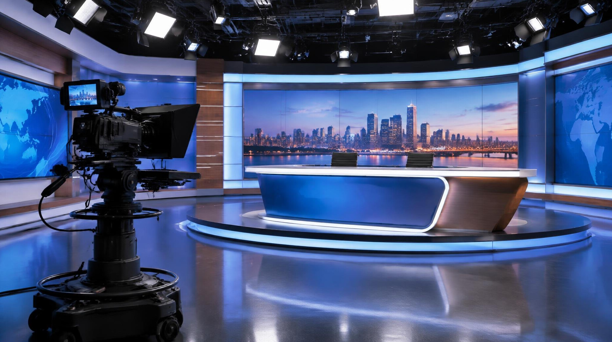 Television studio with professional cameras and lighting rig