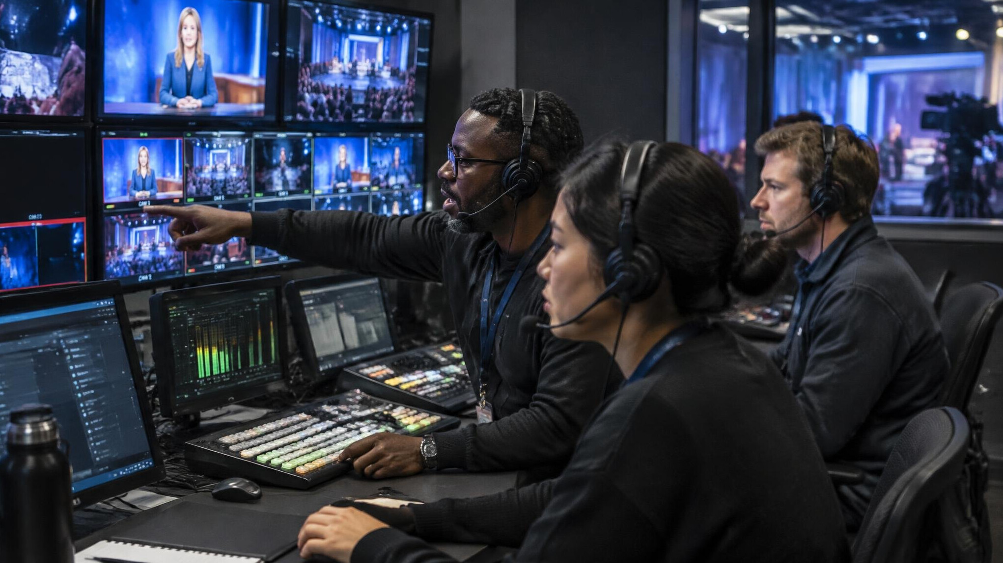 Colleagues working at computers in a production control room