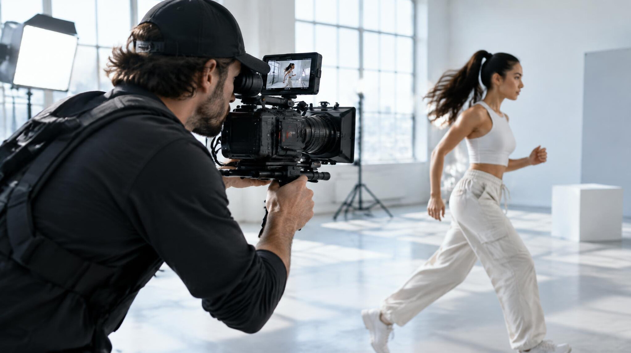 Camera operator filming with a shoulder-mounted camera